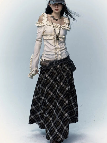 Vintage Punk Rock A-Line Patchwork Plaid Midi Skirt Dresses