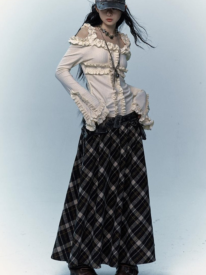 Vintage Punk Rock A-Line Patchwork Plaid Midi Skirt Dresses