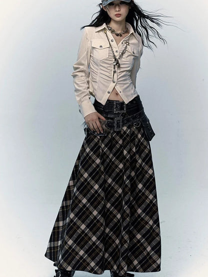 Vintage Punk Rock A-Line Patchwork Plaid Midi Skirt Dresses