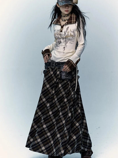 Vintage Punk Rock A-Line Patchwork Plaid Midi Skirt Dresses