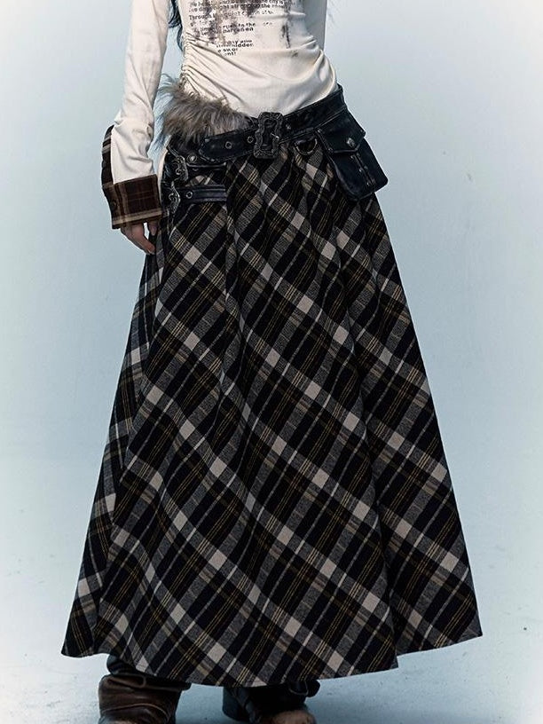 Vintage Punk Rock A-Line Patchwork Plaid Midi Skirt Dresses