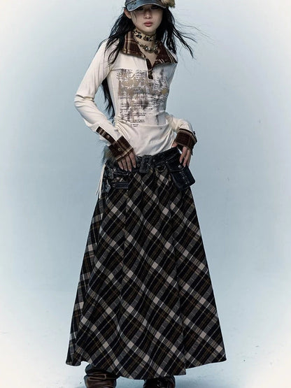 Vintage Punk Rock A-Line Patchwork Plaid Midi Skirt Dresses