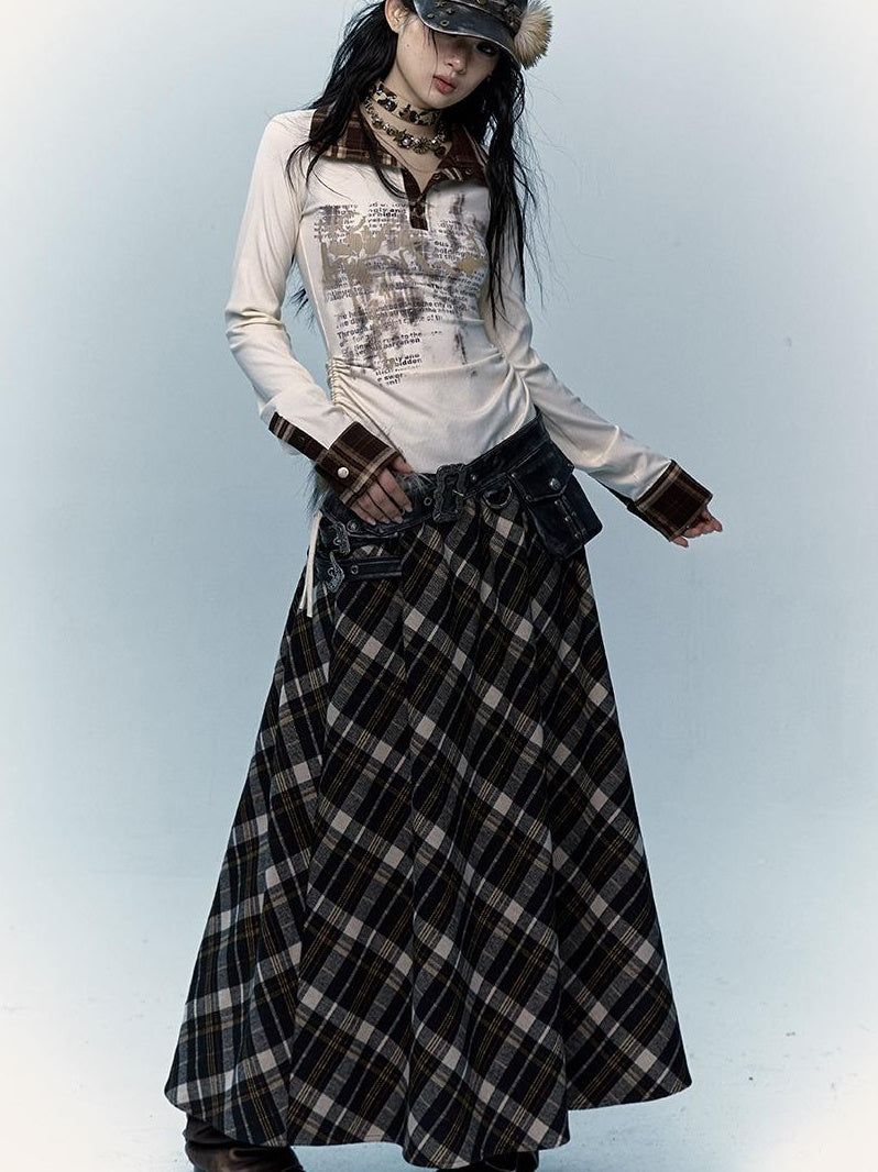 Vintage Punk Rock A-Line Patchwork Plaid Midi Skirt Dresses