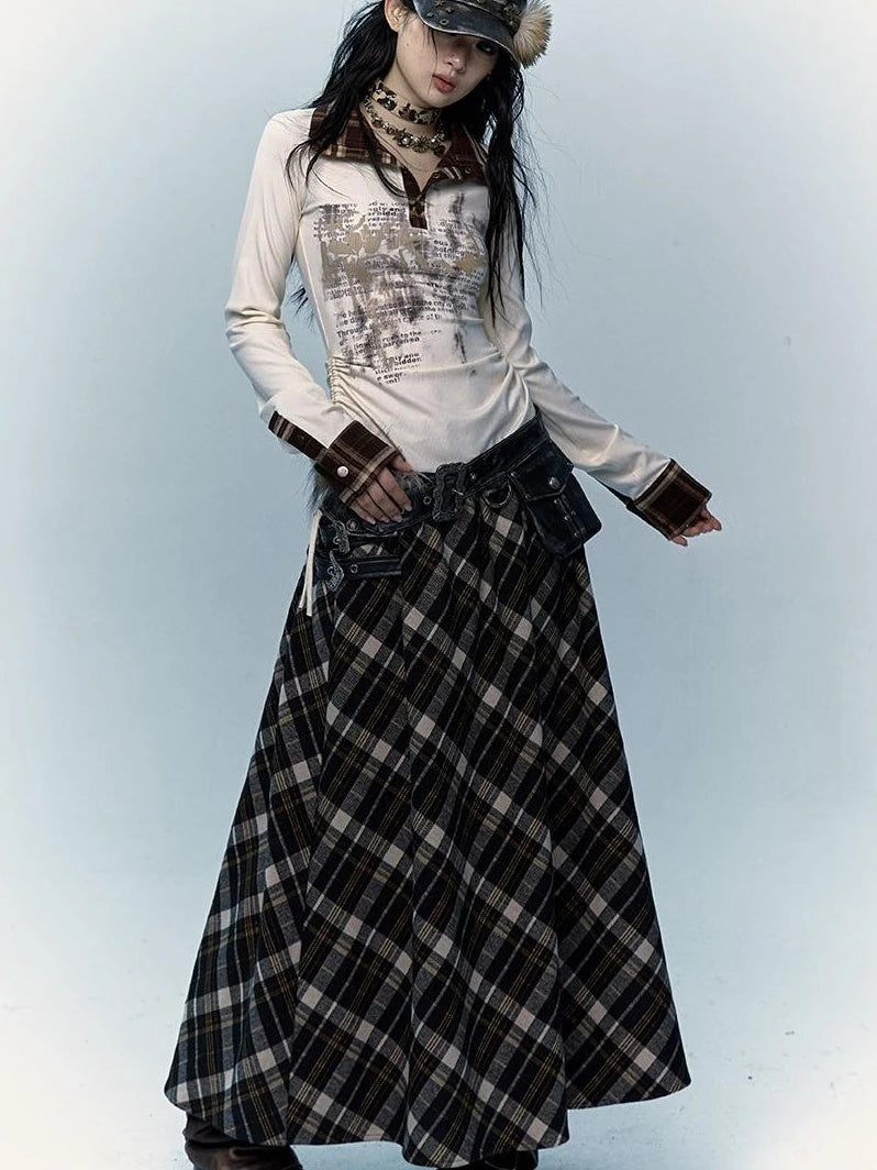 Vintage Punk Rock A-Line Patchwork Plaid Midi Skirt Dresses