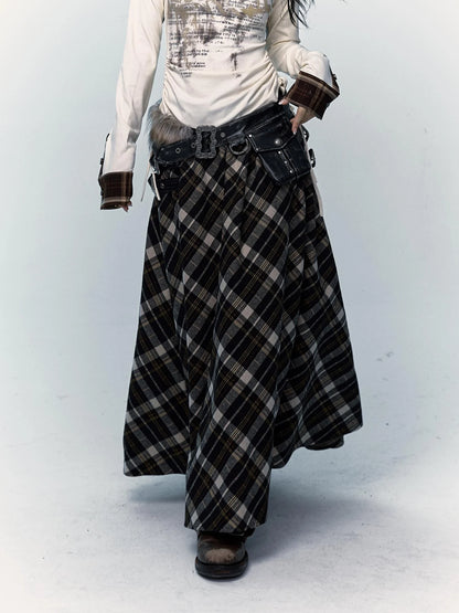 Vintage Punk Rock A-Line Patchwork Plaid Midi Skirt Dresses