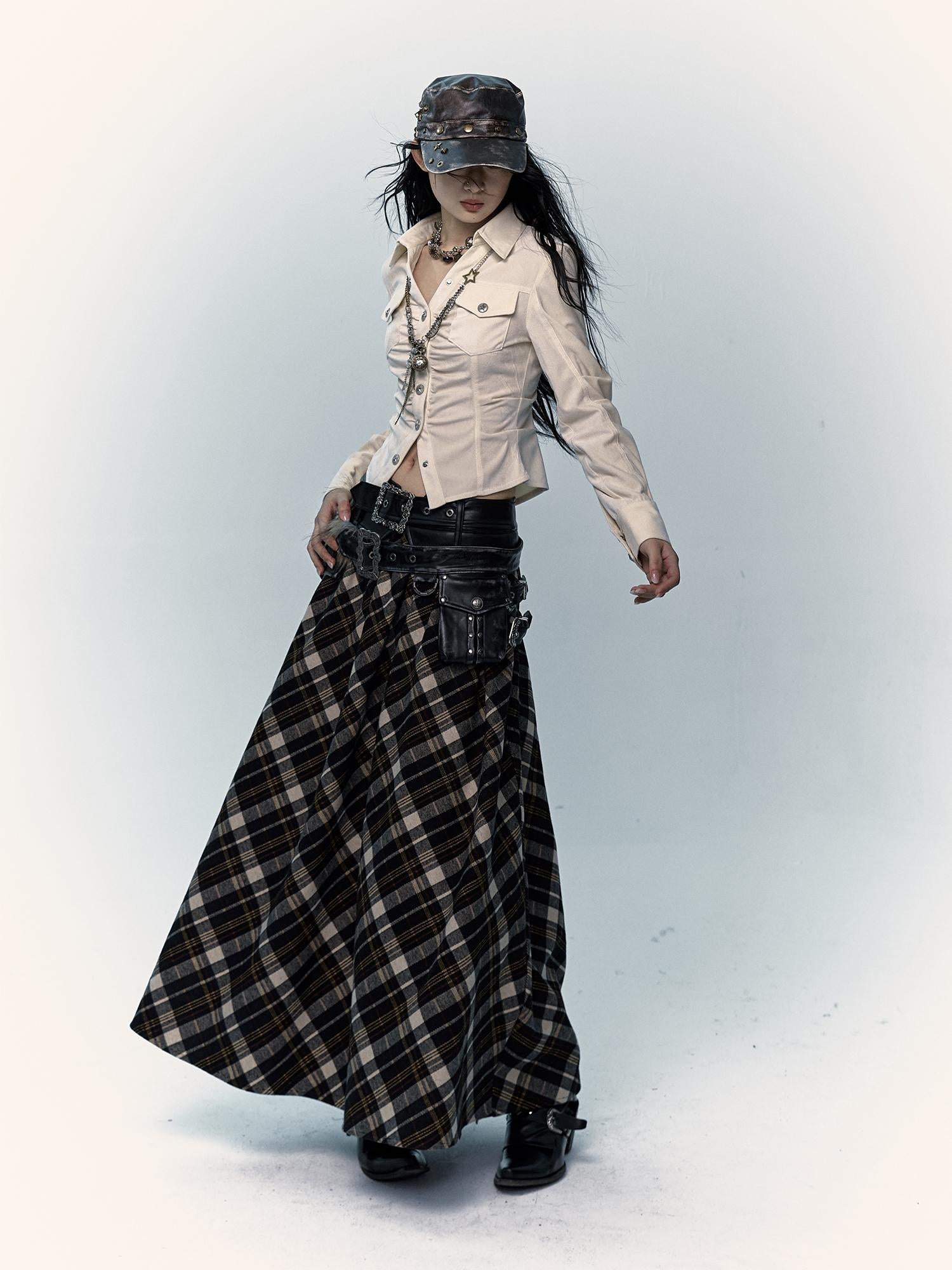 Vintage Punk Rock A-Line Patchwork Plaid Midi Skirt Dresses