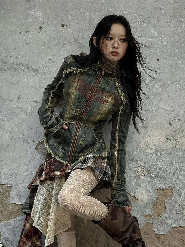 Vintage Punk Rock Distressed Washed Denim Jacket Women Coat
