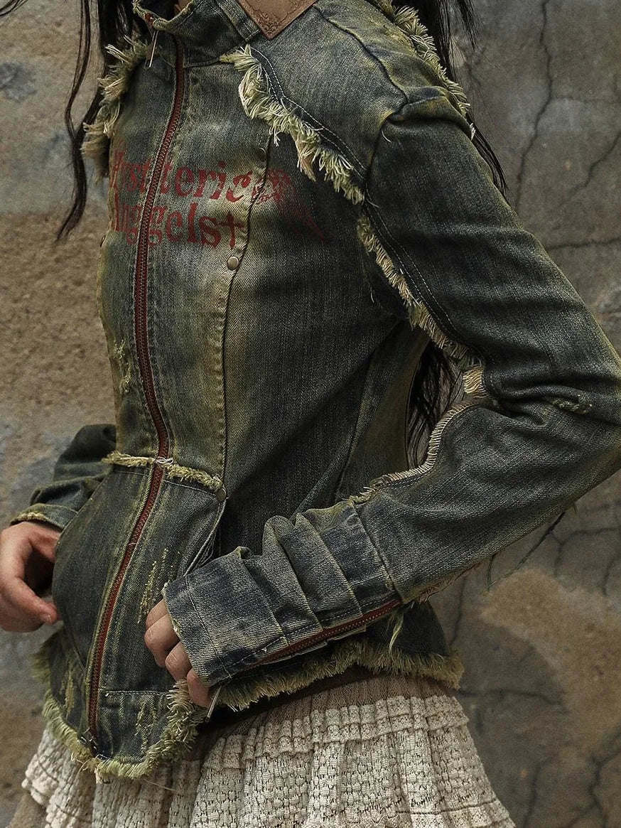 Vintage Punk Rock Distressed Washed Denim Jacket Women Coat