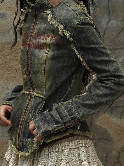 Vintage Punk Rock Distressed Washed Denim Jacket Women Coat