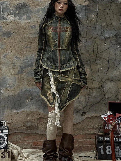 Vintage Punk Rock Distressed Washed Denim Jacket Women Coat