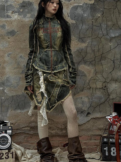 Vintage Punk Rock Distressed Washed Denim Jacket Women Coat