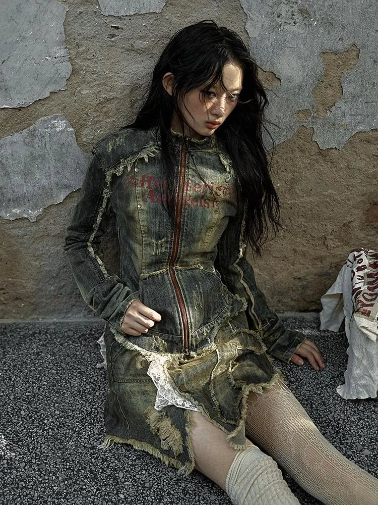 Vintage Punk Rock Distressed Washed Denim Jacket Women Coat