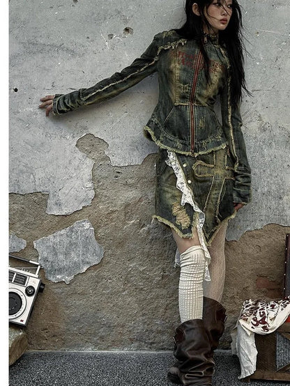 Vintage Punk Rock Distressed Washed Denim Jacket Women Coat