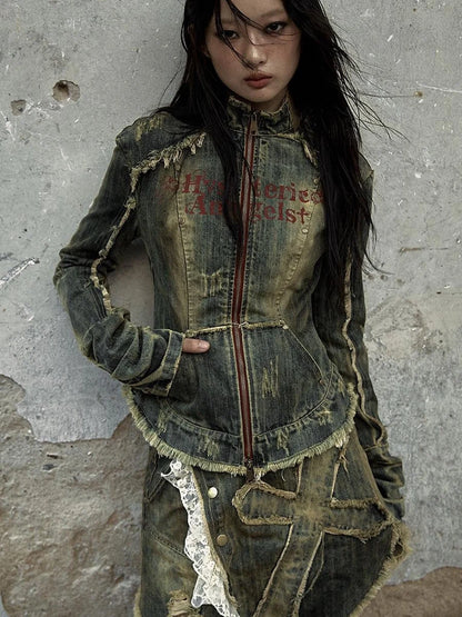 Vintage Punk Rock Distressed Washed Denim Jacket Women Coat