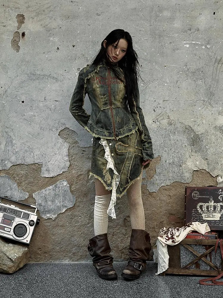 Vintage Punk Rock Distressed Washed Denim Jacket Women Coat