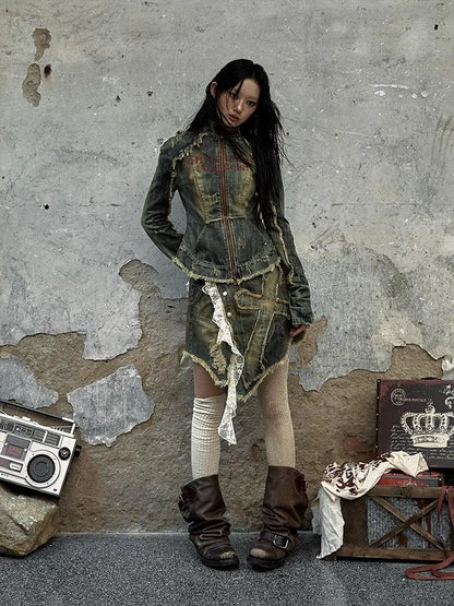 Vintage Punk Rock Distressed Washed Denim Jacket Women Coat