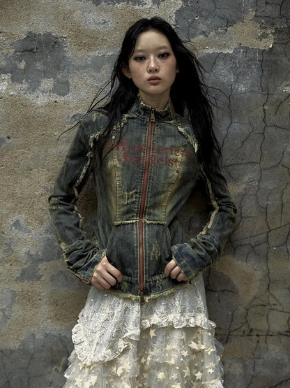 Vintage Punk Rock Distressed Washed Denim Jacket Women Coat