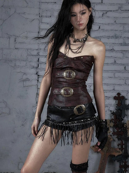 Vintage Punk Rock Studded Chain Skinny Leather Shorts