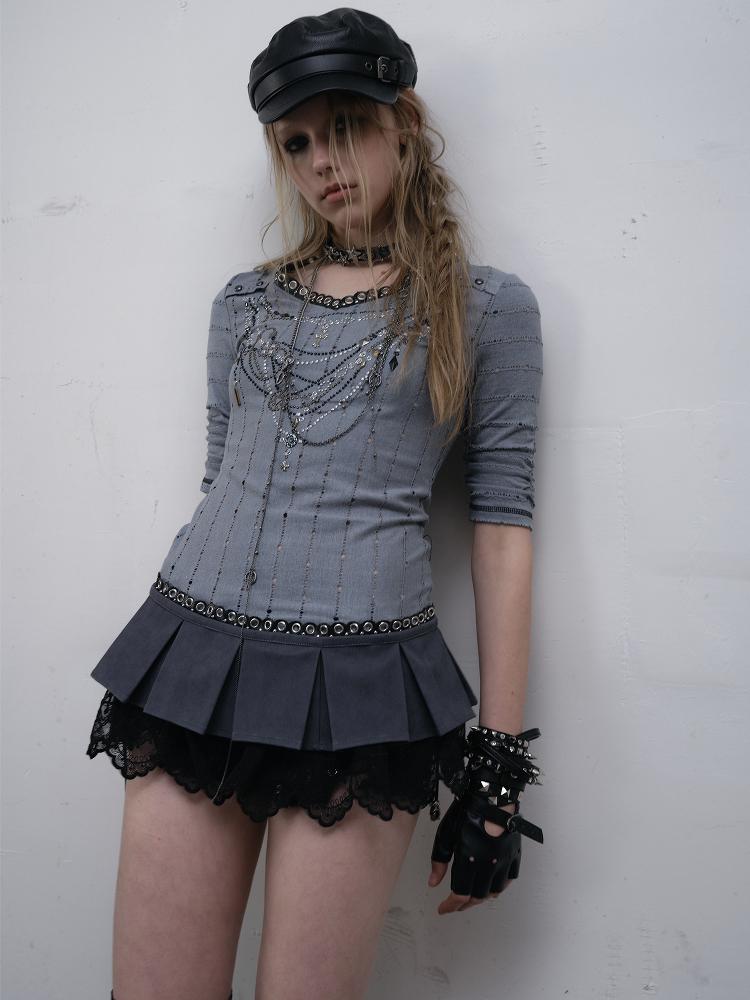 NO ROMANCE禁忌浪漫 Vintage Punk Royal V-Neck T-Shirt With Detachable Apron