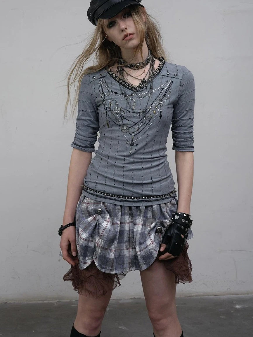 Vintage Punk Royal V-Neck T-Shirt With Detachable Apron