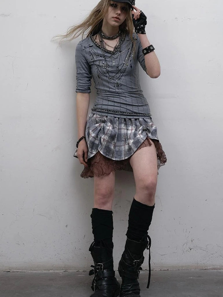 Vintage Punk Royal V-Neck T-Shirt With Detachable Apron