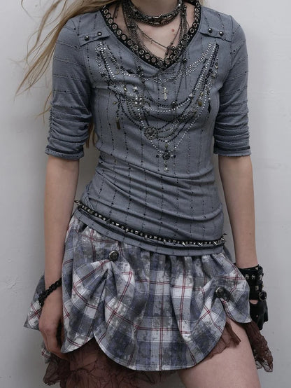 Vintage Punk Royal V-Neck T-Shirt With Detachable Apron