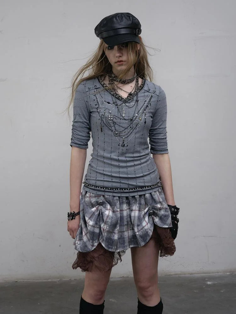 Vintage Punk Royal V-Neck T-Shirt With Detachable Apron