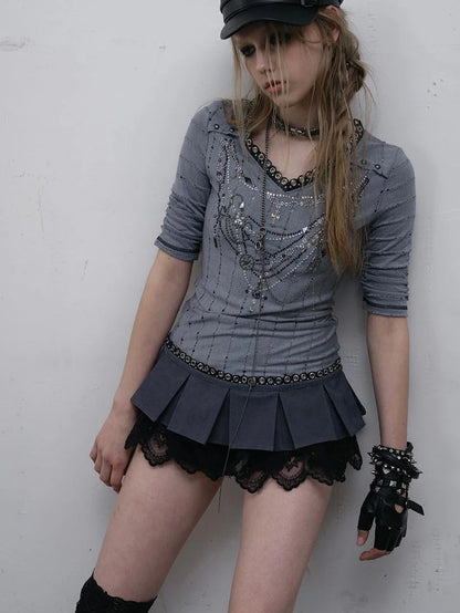 Vintage Punk Royal V-Neck T-Shirt With Detachable Apron