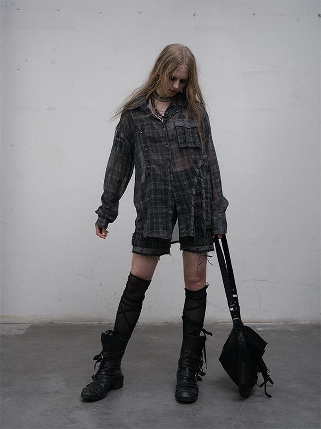 NO ROMANCE Vintage Punk Sheer Chiffon Dot Checkered Oversized Shirt