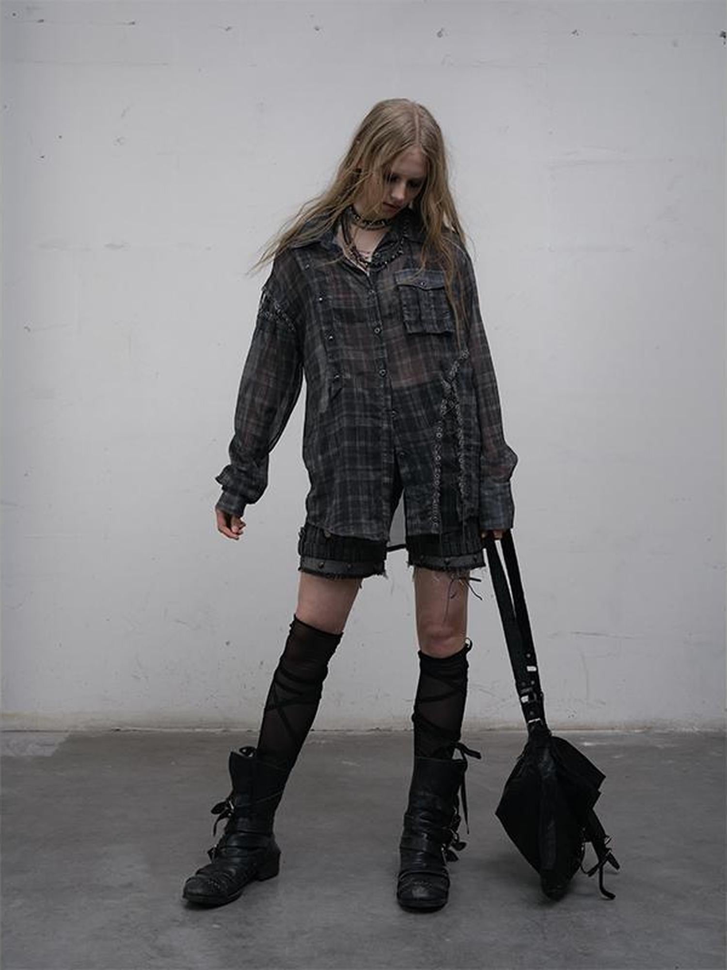 NO ROMANCE Vintage Punk Sheer Chiffon Dot Checkered Oversized Shirt