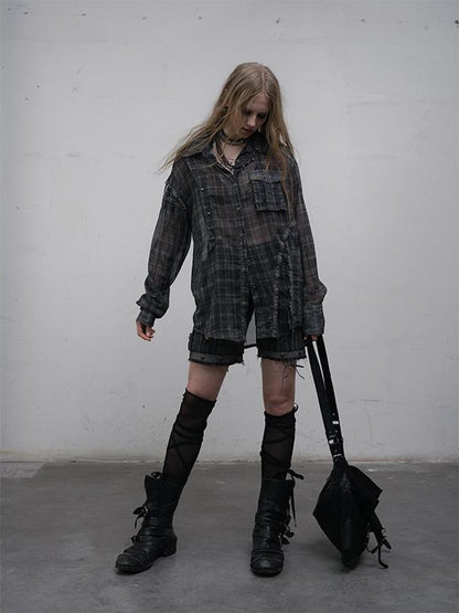 NO ROMANCE Vintage Punk Sheer Chiffon Dot Checkered Oversized Shirt