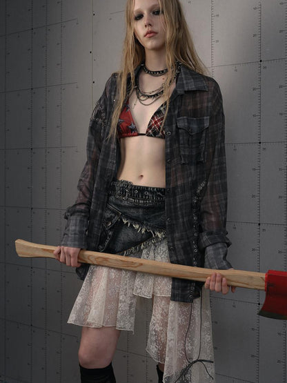 NO ROMANCE Vintage Punk Sheer Chiffon Dot Checkered Oversized Shirt