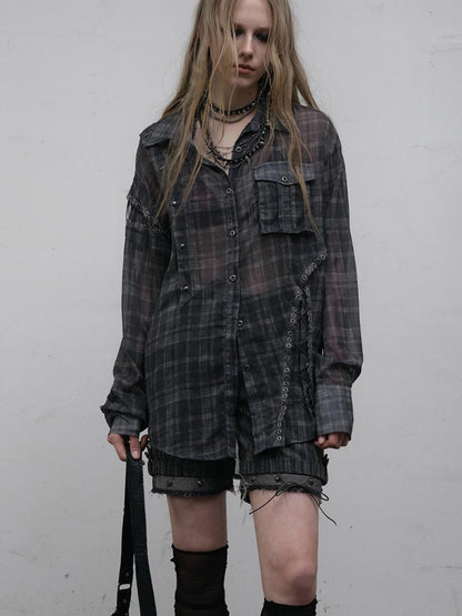 NO ROMANCE Vintage Punk Sheer Chiffon Dot Checkered Oversized Shirt