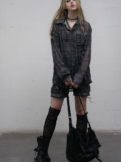 NO ROMANCE Vintage Punk Sheer Chiffon Dot Checkered Oversized Shirt