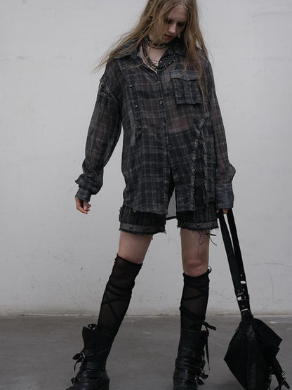 NO ROMANCE Vintage Punk Sheer Chiffon Dot Checkered Oversized Shirt