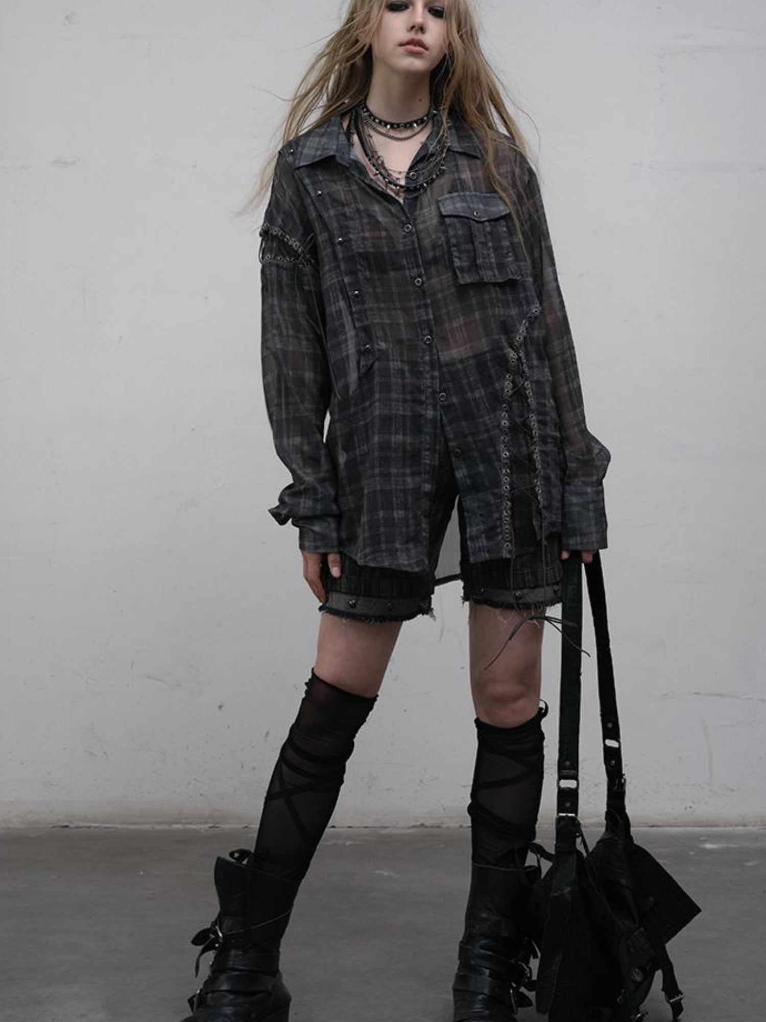 NO ROMANCE Vintage Punk Sheer Chiffon Dot Checkered Oversized Shirt