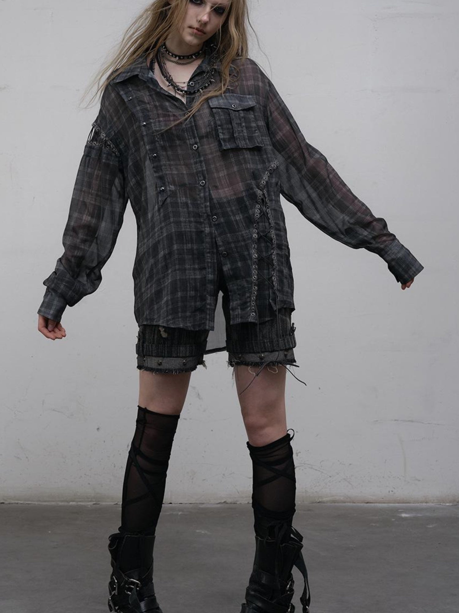 NO ROMANCE Vintage Punk Sheer Chiffon Dot Checkered Oversized Shirt