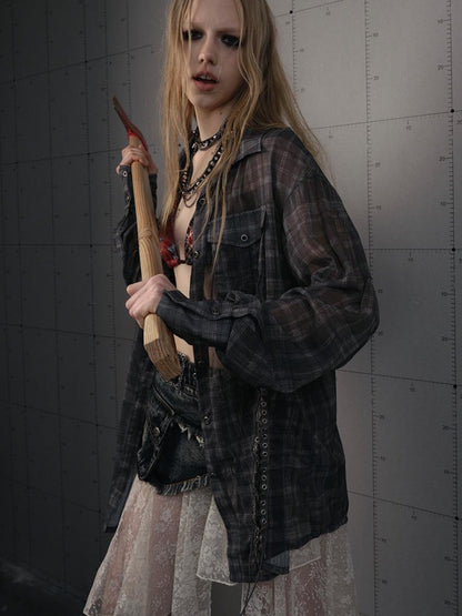 NO ROMANCE Vintage Punk Sheer Chiffon Dot Checkered Oversized Shirt