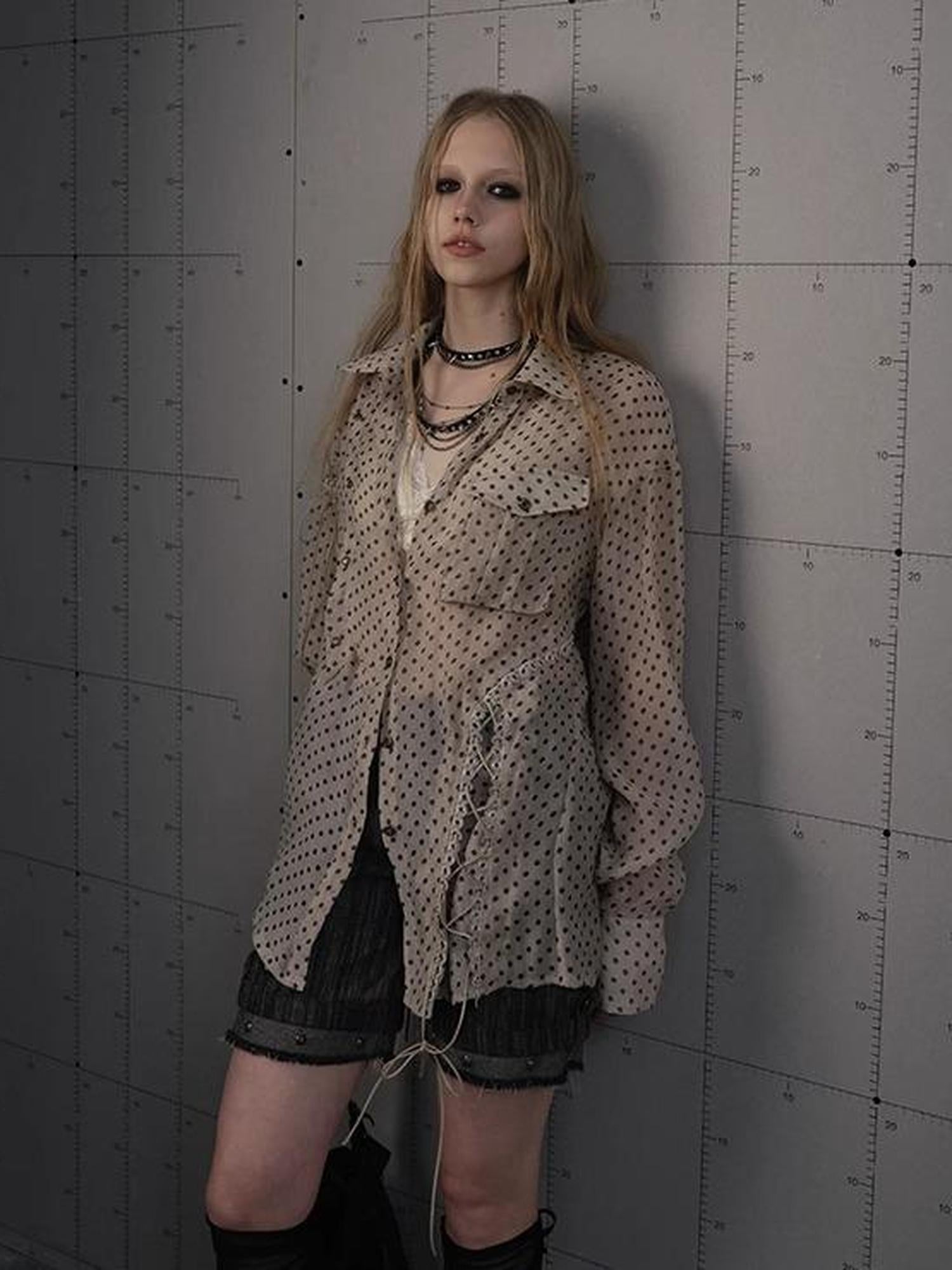 NO ROMANCE Vintage Punk Sheer Chiffon Dot Checkered Oversized Shirt