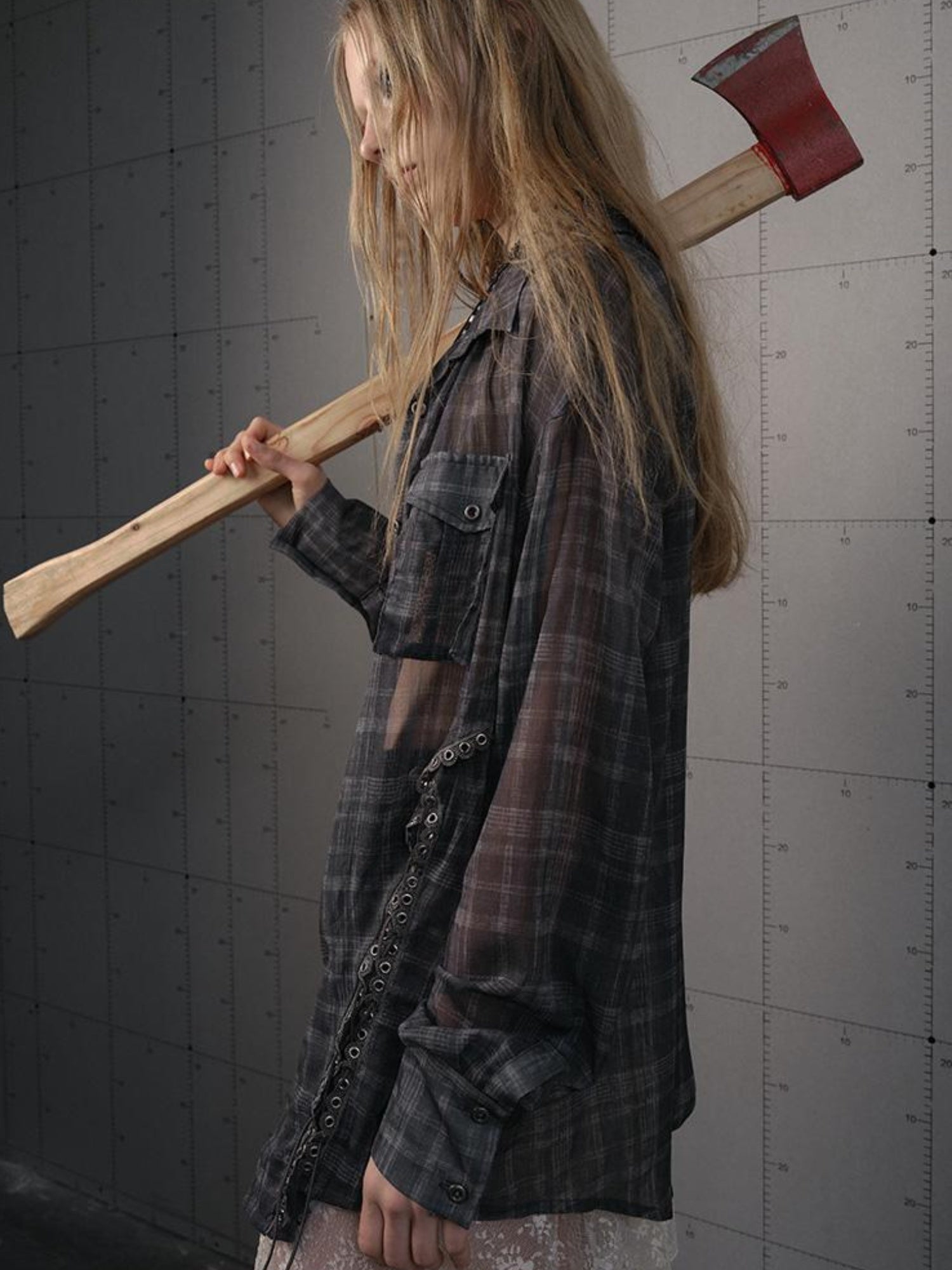 NO ROMANCE Vintage Punk Sheer Chiffon Dot Checkered Oversized Shirt