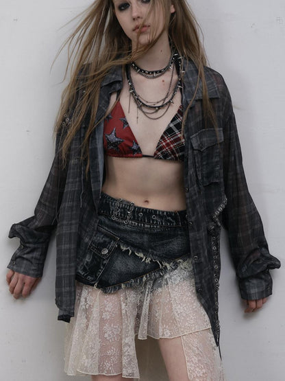 NO ROMANCE Vintage Punk Sheer Chiffon Dot Checkered Oversized Shirt