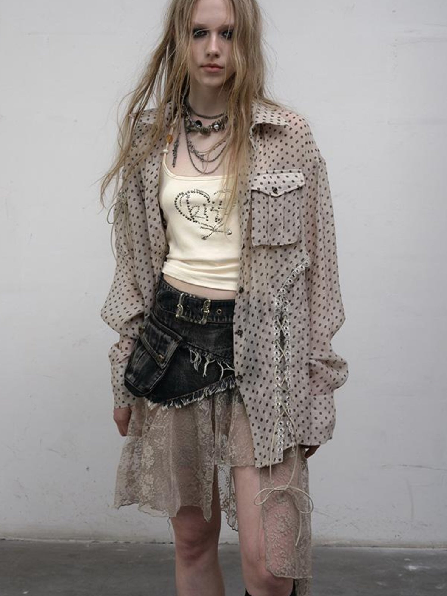 NO ROMANCE Vintage Punk Sheer Chiffon Dot Checkered Oversized Shirt