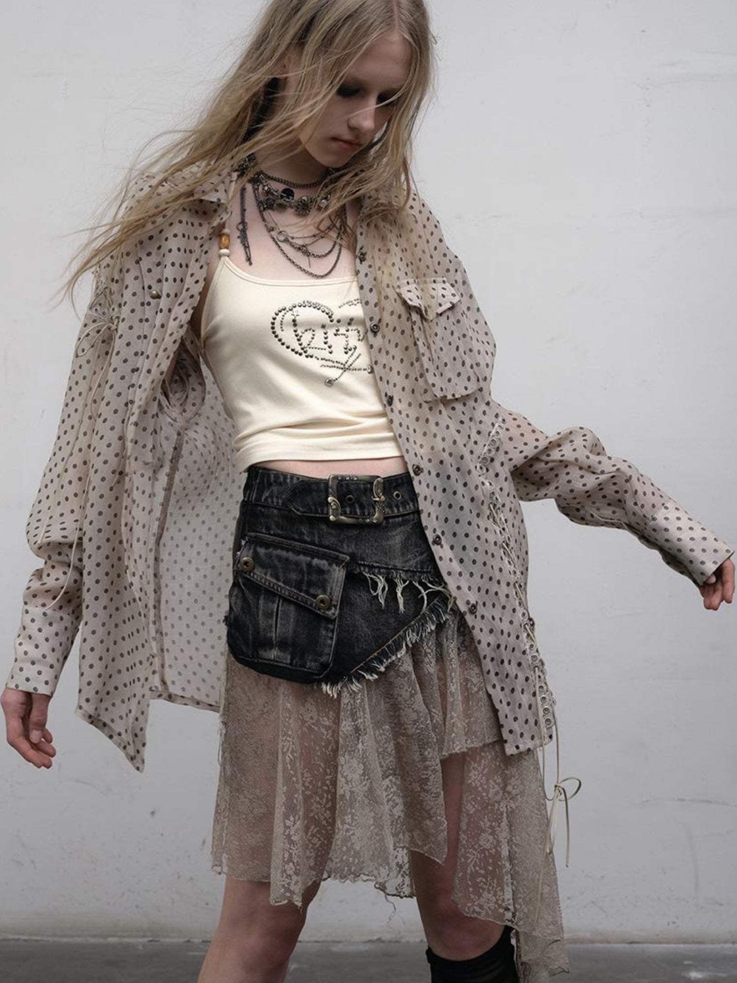 NO ROMANCE Vintage Punk Sheer Chiffon Dot Checkered Oversized Shirt