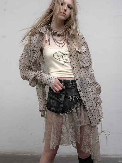 NO ROMANCE Vintage Punk Sheer Chiffon Dot Checkered Oversized Shirt
