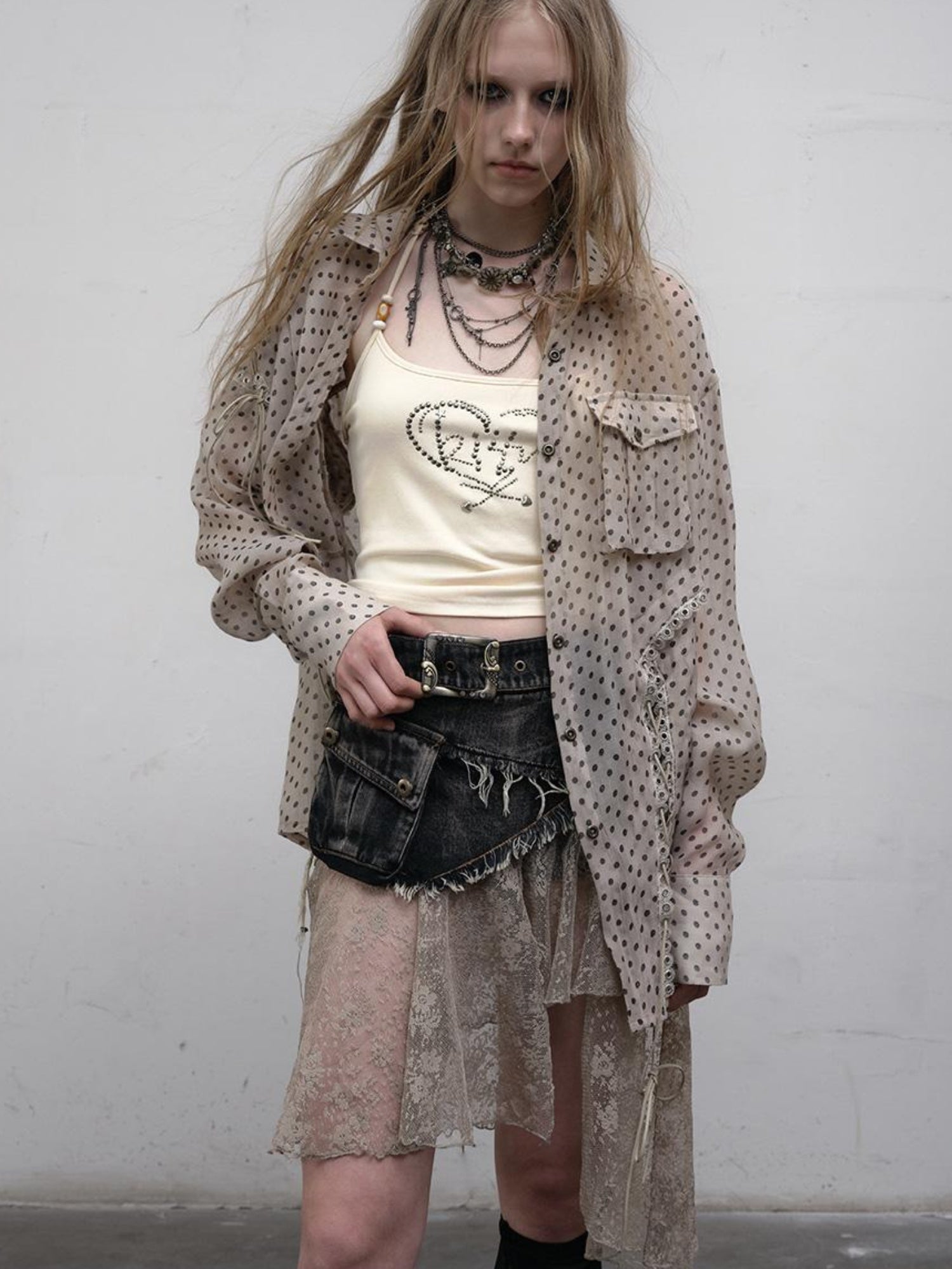 NO ROMANCE Vintage Punk Sheer Chiffon Dot Checkered Oversized Shirt