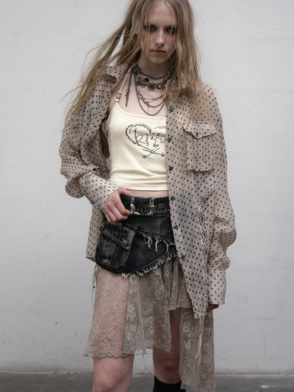 NO ROMANCE Vintage Punk Sheer Chiffon Dot Checkered Oversized Shirt