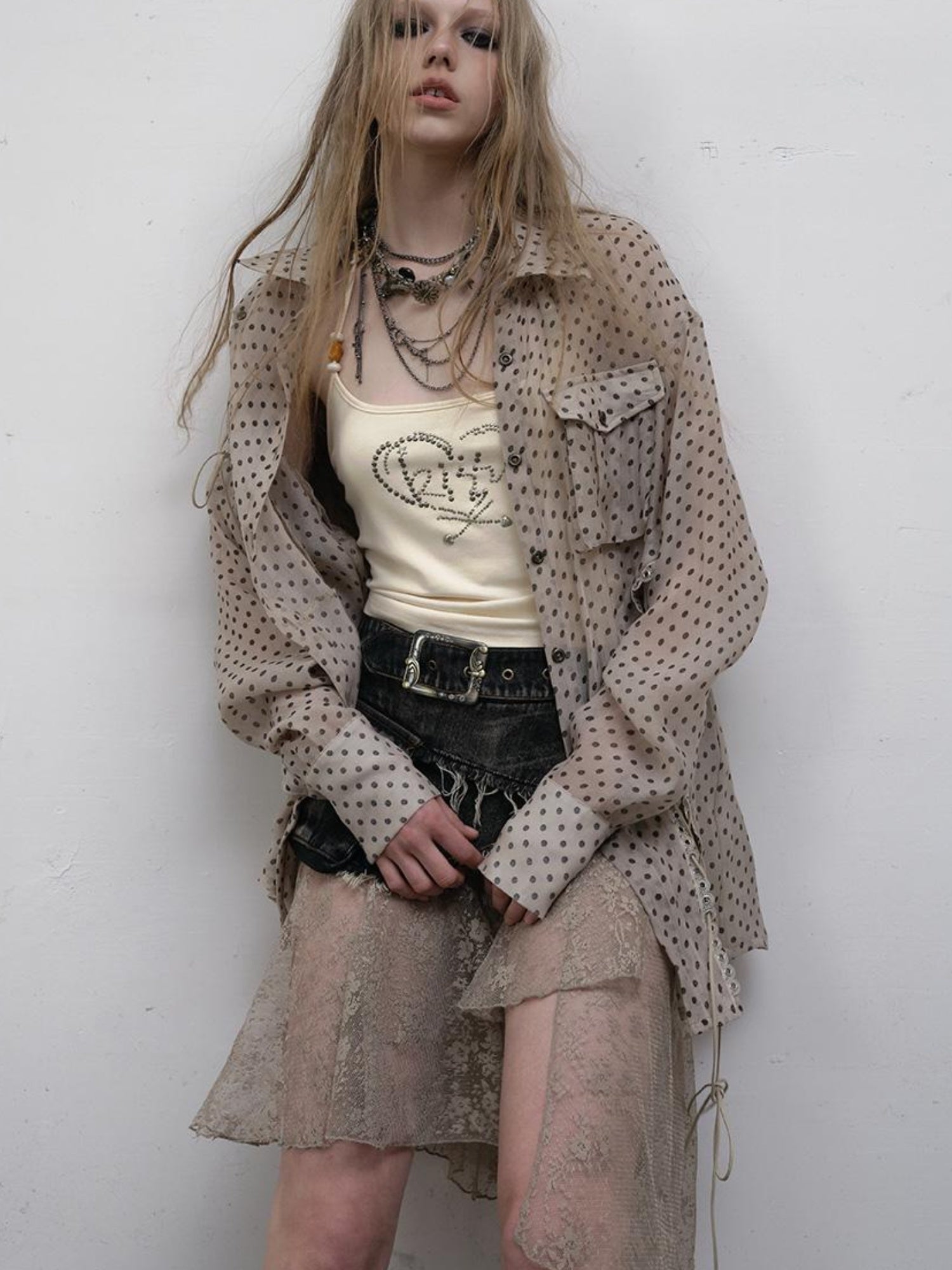 NO ROMANCE Vintage Punk Sheer Chiffon Dot Checkered Oversized Shirt