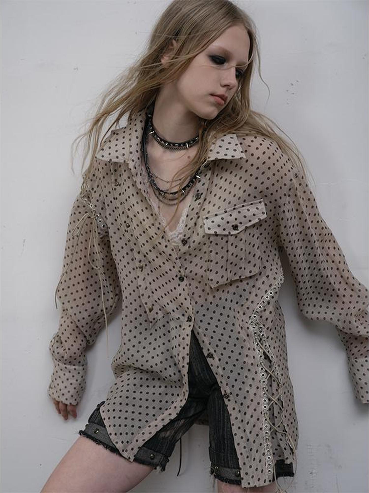 NO ROMANCE Vintage Punk Sheer Chiffon Dot Checkered Oversized Shirt