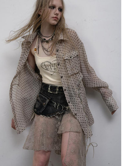NO ROMANCE Vintage Punk Sheer Chiffon Dot Checkered Oversized Shirt
