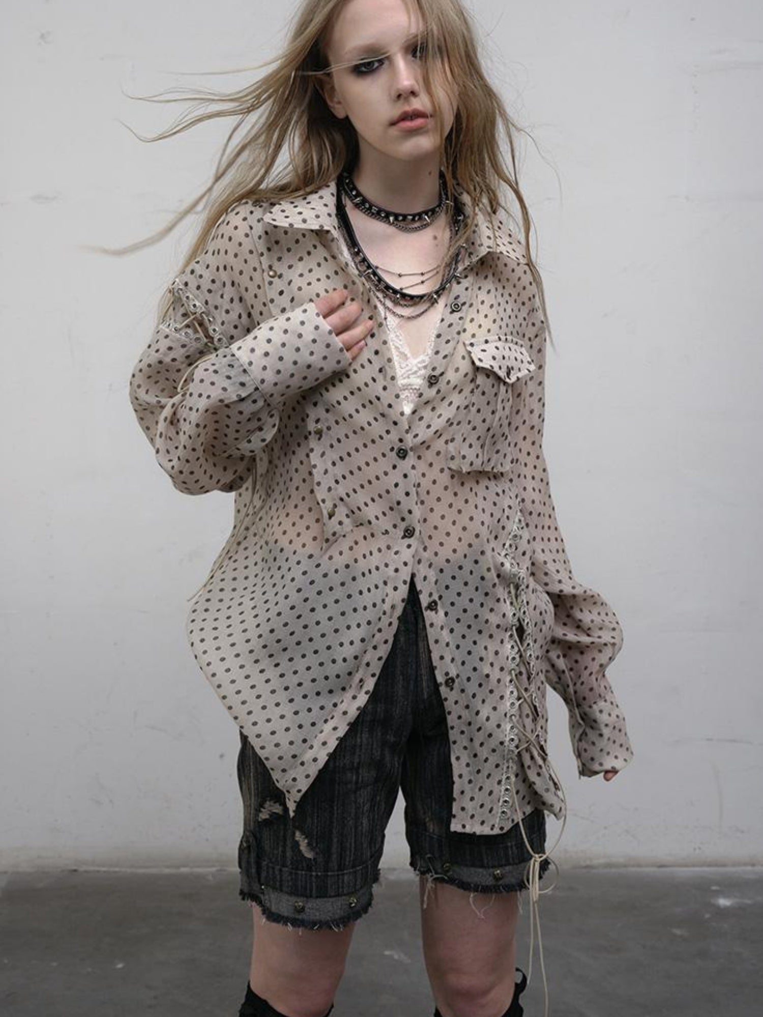 NO ROMANCE Vintage Punk Sheer Chiffon Dot Checkered Oversized Shirt